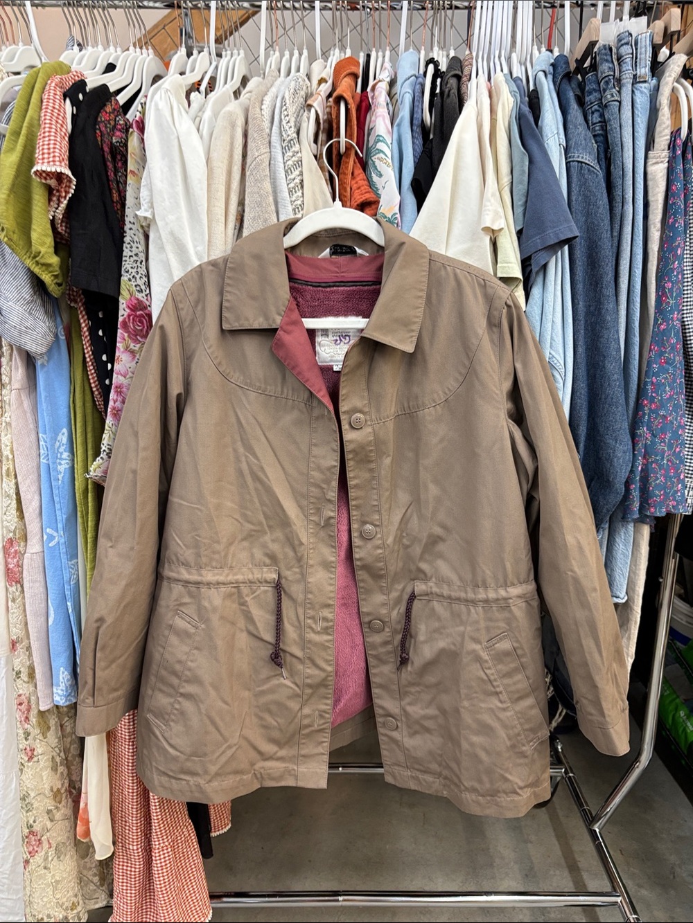 London Fog Taupe Utility Jacket with Pink Lining